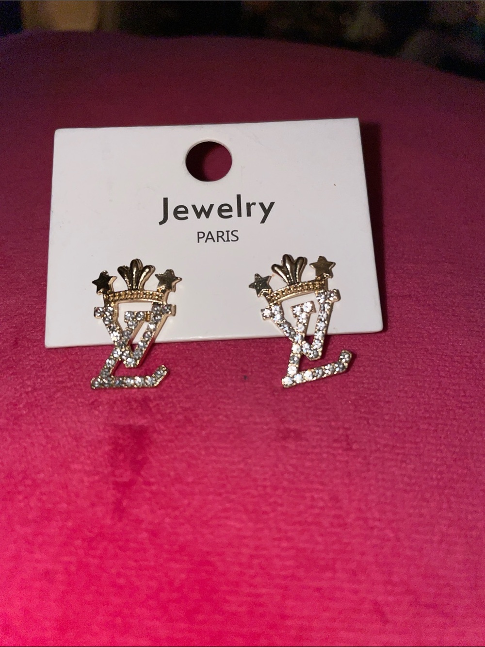 Gold and Crystal Crown Logo Stud Earrings -